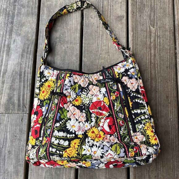 Vera Bradley Black Poppy Print Shoulder Bag purse EUC - Picture 1 of 9